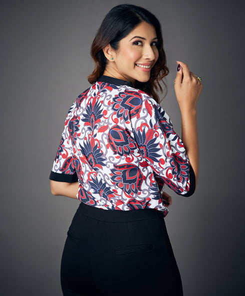 Notched Neckline Batwing Sleeve Printed Blouse
